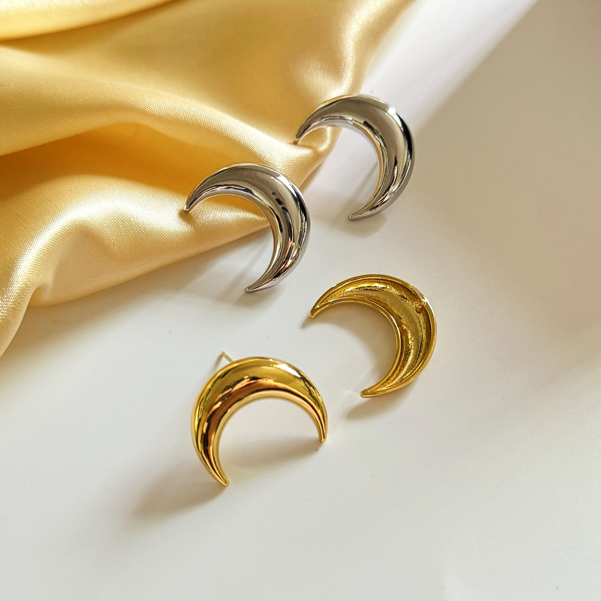 Silver Toned Moon Stud Earrings With Polished Minimalist Detail Delicate Daily Elegant Jewelry Gift For Her High Quality Stylish Accessory