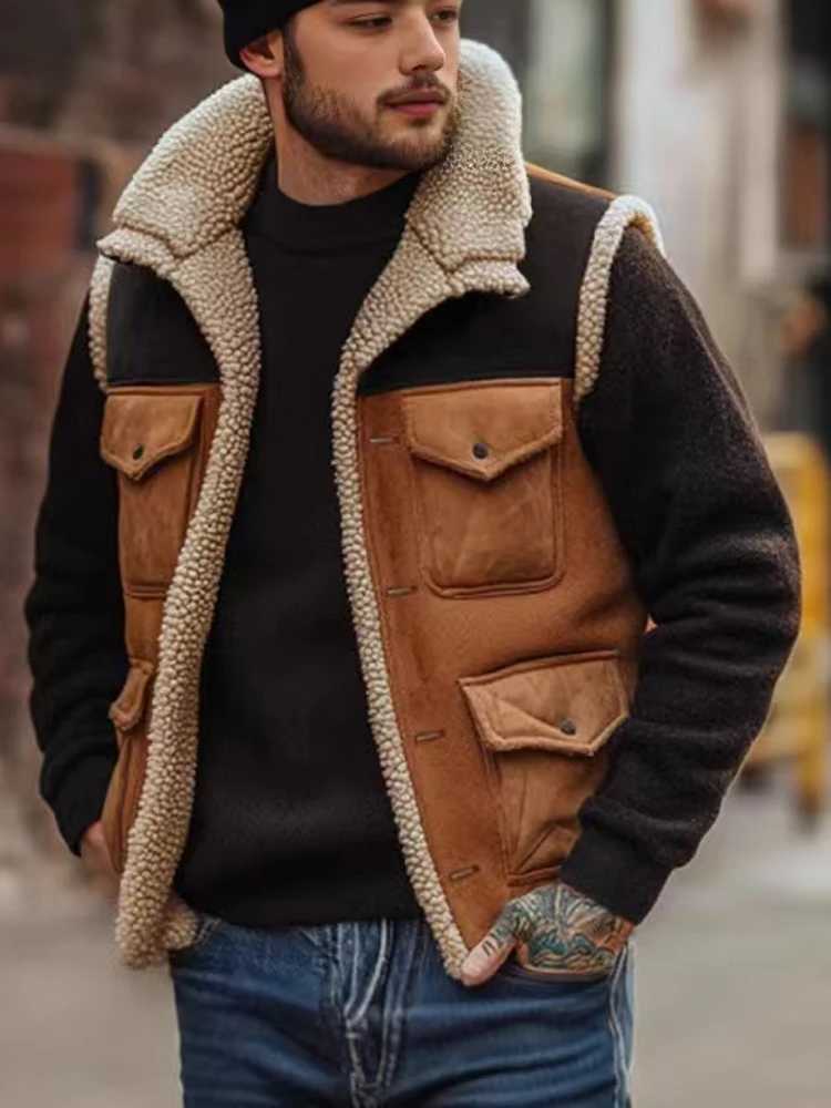 Retro Mens Cardigan Trendy Vest Jacket 2025 New Zipper Pocket Warm Jacket Vest Fashion Blocked Sleeveless Jacket Men Clothing X2504033