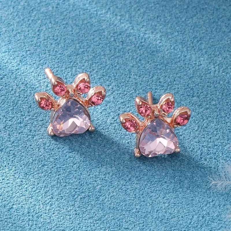 Creative Footprint Pink Crystal Stud Earrings For Woman Wedding Jewelry Gift Cute Small Cat Claw Earrings C251103