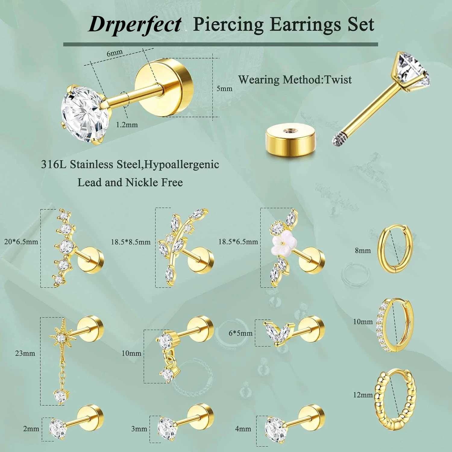 Drperfect 12Pcs Helix Piercing Surgical Steel Tragus Earrings Flat Back Earrings Helix Hoop Cartilage Earrings Conch C251103