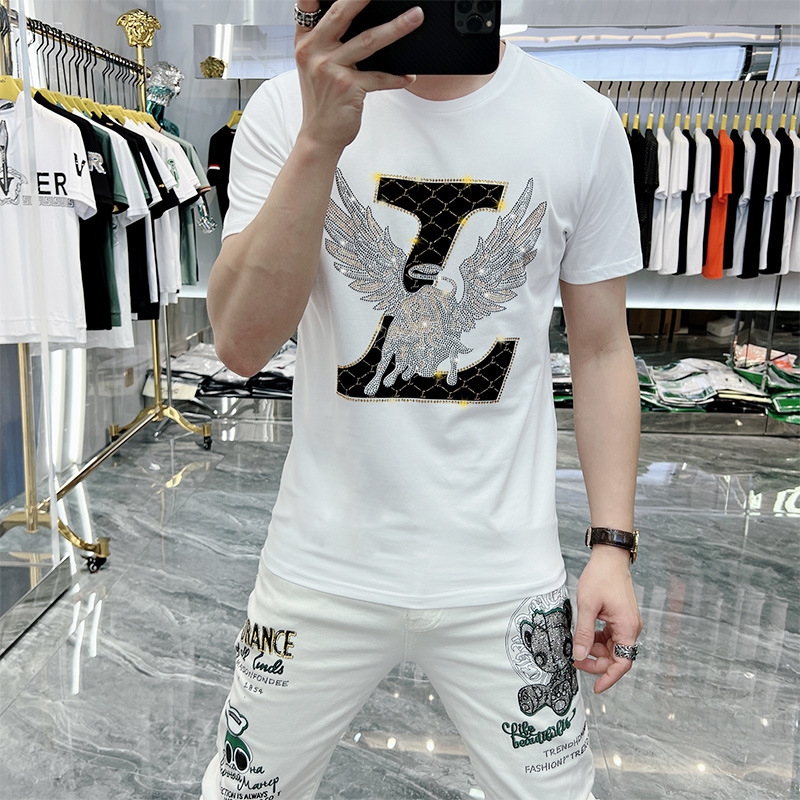 Summer new hot drill short sleeve men fashion trend round neck casual personality slim breathable comfortable T-shirt large size