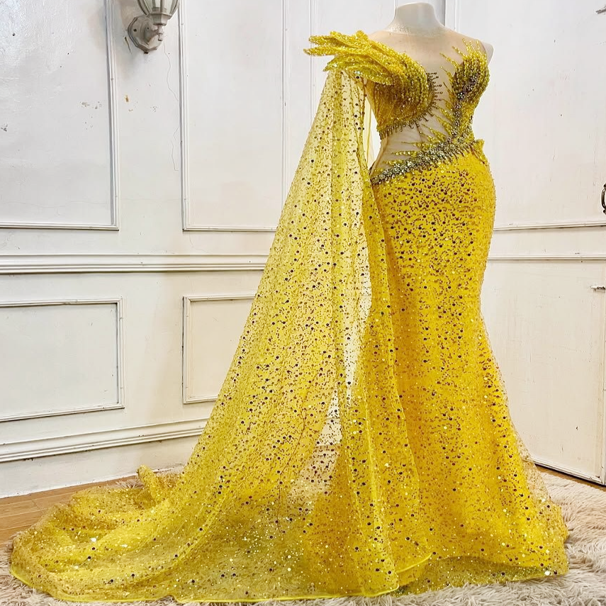 Yellow Mermaid Prom Dresses 2025 Beaded Crystals One Shoulder Evening Formal Party Second Birthday Engagement Gowns Plus Size Dress For Special Occasi