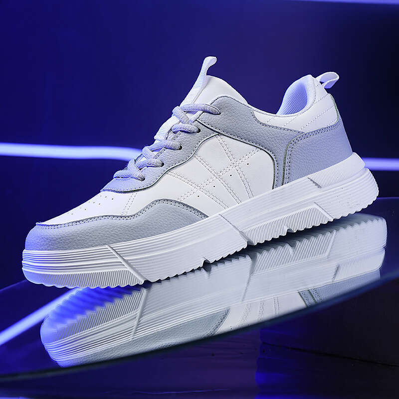Leather men's fashionable casual plus size outdoor sports board shoes, student running color blocked white shoes 0810