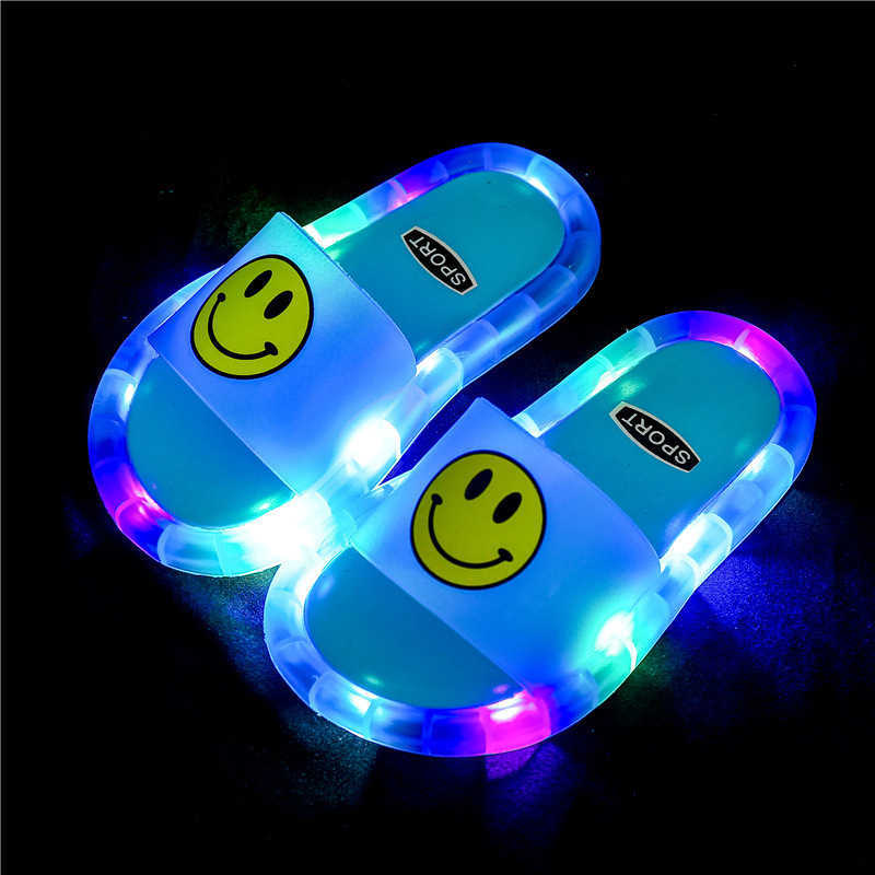 Internet celebrity new glowing childrens slippers cartoon smiling face flashing one line dragging girls anti slip luminous shoes J250403