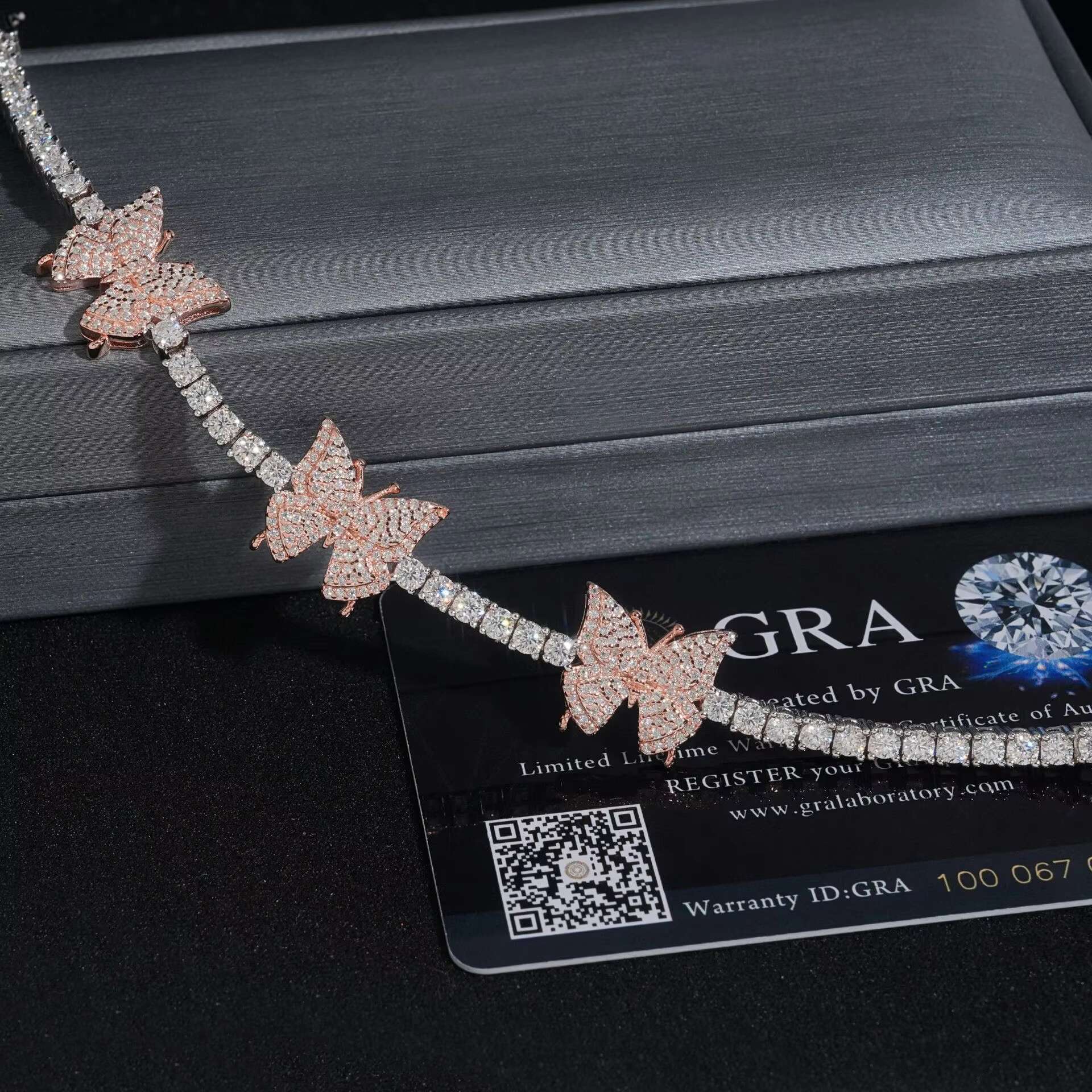 Trendy 925 Sterling Silver Iced VVS 3mm Moissanite Diamond Tennis Chain Bracelet Rose Gold Butterfly Design Fine Jewelry