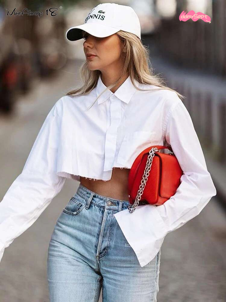 Mnealways18 Streetwear White Cropped Blouse Women Long Sleeve Cotton Shirt Turn Down Collar Spring Casual Tops Button Irregular ddmySept