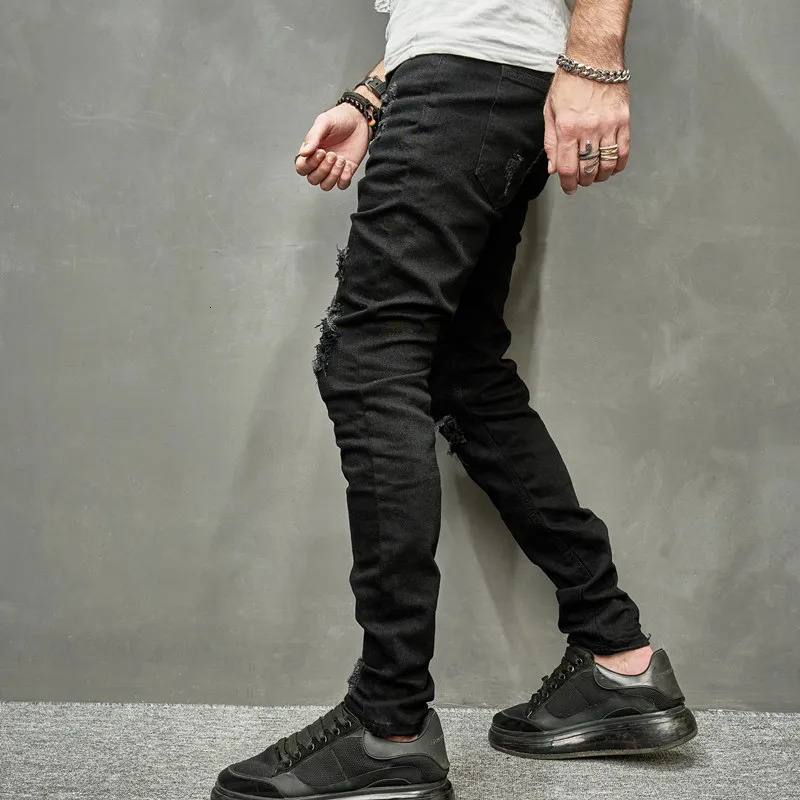 Men Holes Patch Skinny Stretch Pencil Jeans Pants High street Stylish HipHop Male Ripped Slim Denim Trousers 250402
