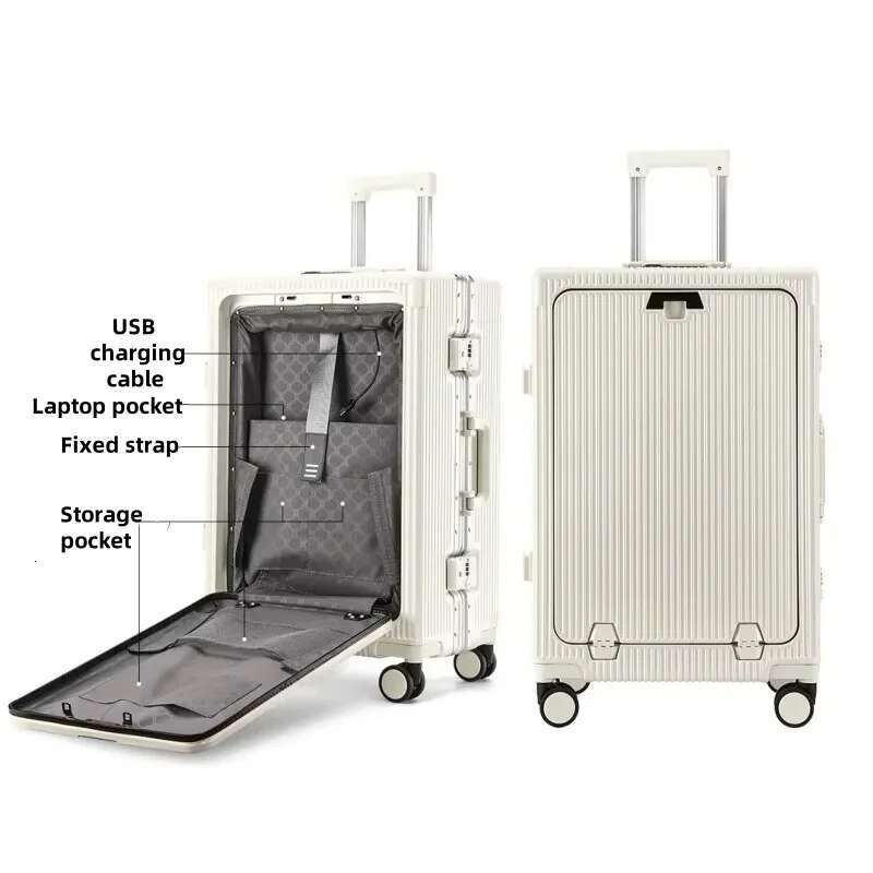 Aluminum Alloy Frame Suitcase Front Opening Pocket USB Charging Plug Rolg Lage Trolley Case Bag with Spinner Wheel