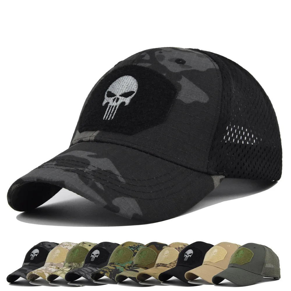 Men Women Skull Print Cap Outdoors Tactical Camouflage Mesh Baseball Caps Male Summer Sport Hiking Trucker Sunshade Hat 250402