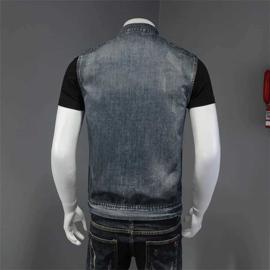 Punk Style Mens Denim Vest Sleeveless Jeans Jacket Men Ripped Slim Fit Waistcoat Stand Collar Cowboy Tops Hip Hop Streetwear X250403