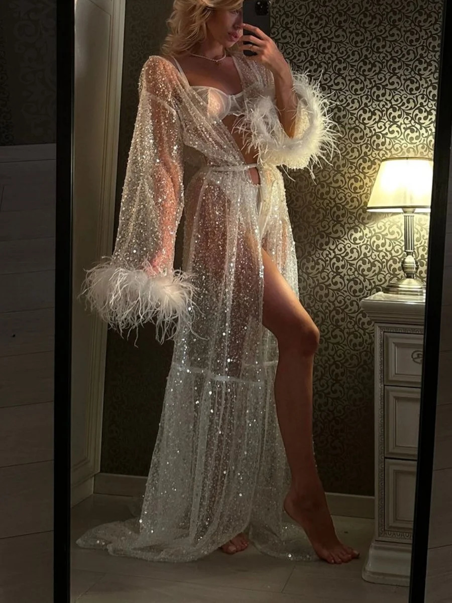 Womens sequined evening gown with feather splicing long sleeved chiffon kimono robe pajamas plush cuffs bikini top 250403