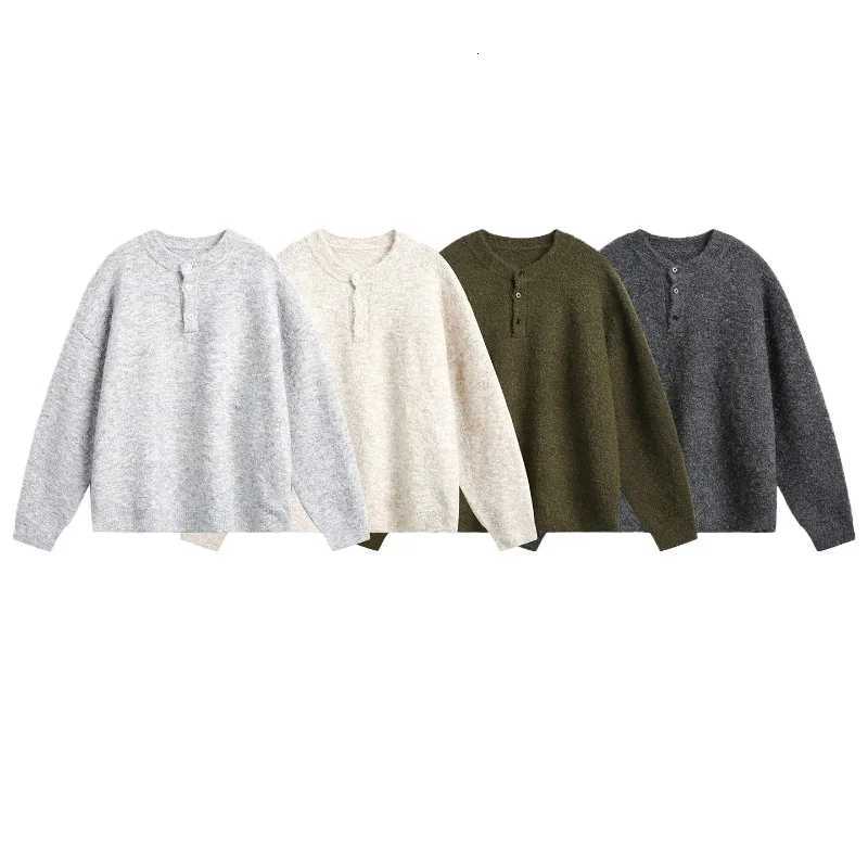 Mens Loose Fit Henley Collar Sweater - Retro Casual Autumn/Winter Style Leisure Warm Thick Sweater O-neckT251103