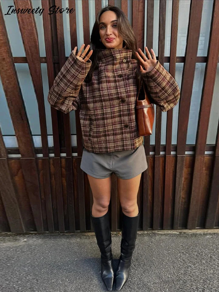 Fashion Plaid Coats Womens Stand Collar Single Breasted Long Sleeve Vintage Jacket Autumn Lady Casual Loose Overcoat 251103