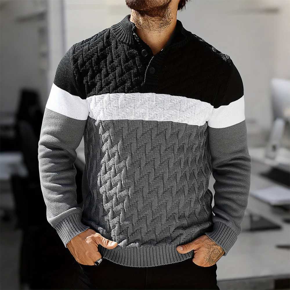 Mens Sweater Autumn Warm Contrasting Color Shawl Collar Pullover Long Sleeve Fit Casual Cable Knit Tops US SizeT251103