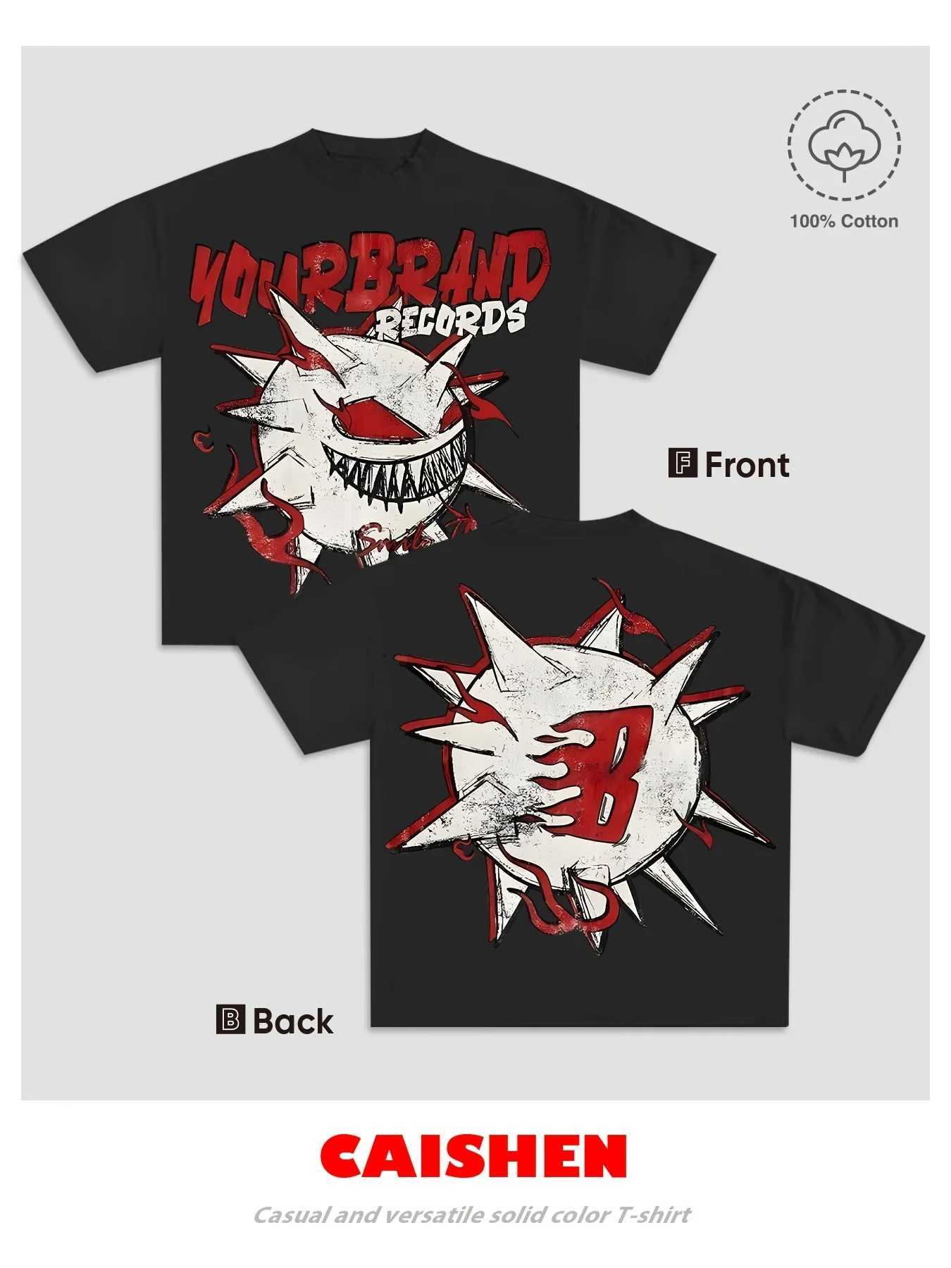 Y2K style YOURBRAND RECORDS mens 100% pure cotton T-shirt breathable soft cartoon monster face design W250402