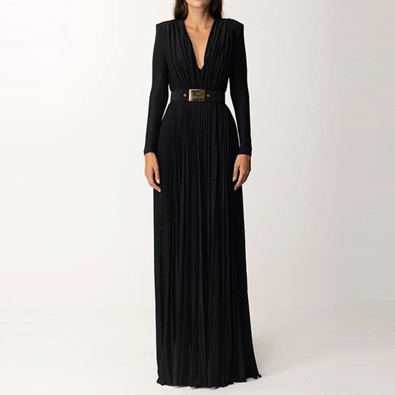 Women High Waist Slim Solid Long Dress 2024 Elegant Long Sleeve Party Dress Sexy Deep V-neck Draped Solid Evening Dress