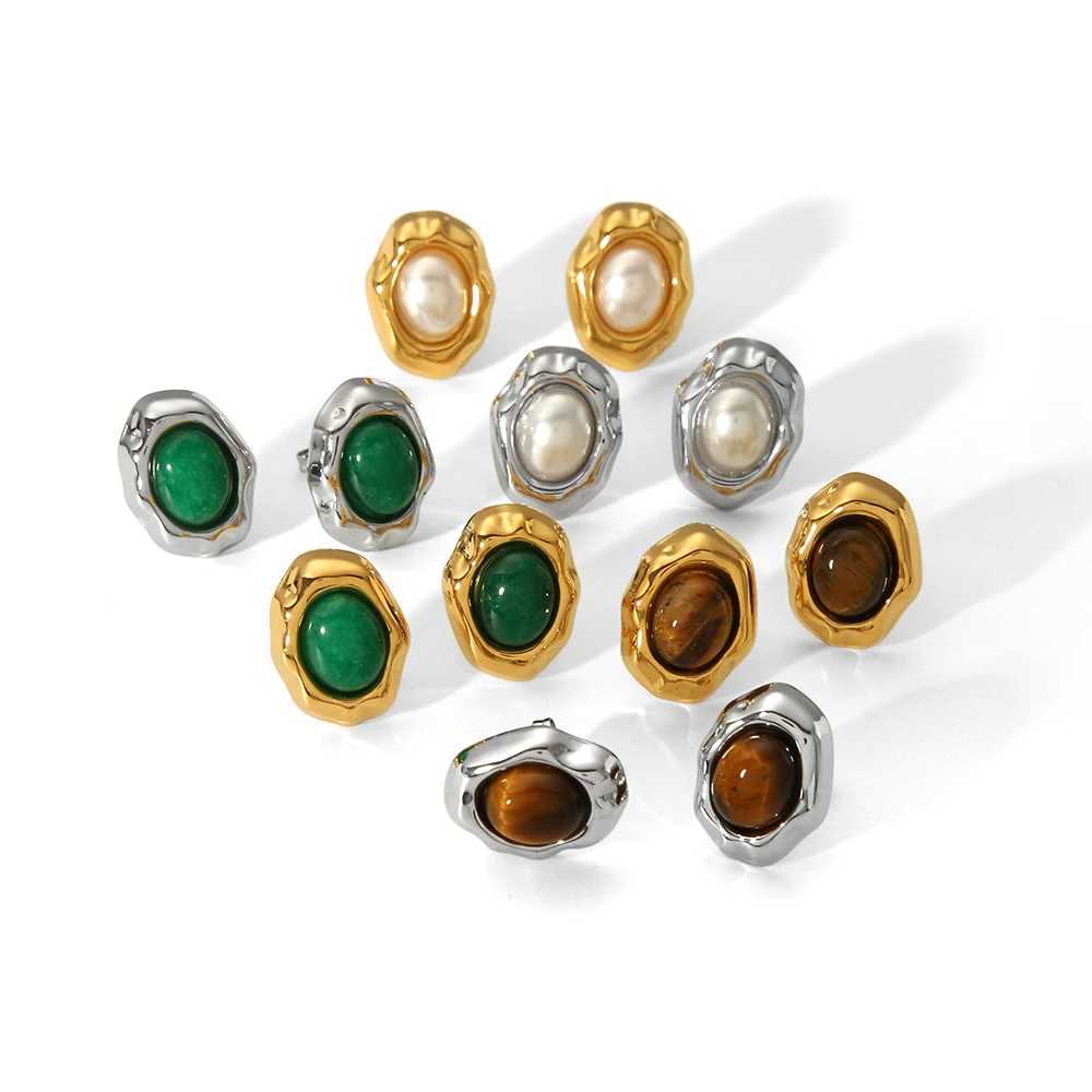 Fashion 18K Gold Plated Irregular Geometric Stud Earrings Waterproof Stainless Steel Nature Stone Pearl Earrings Jewelry C251103