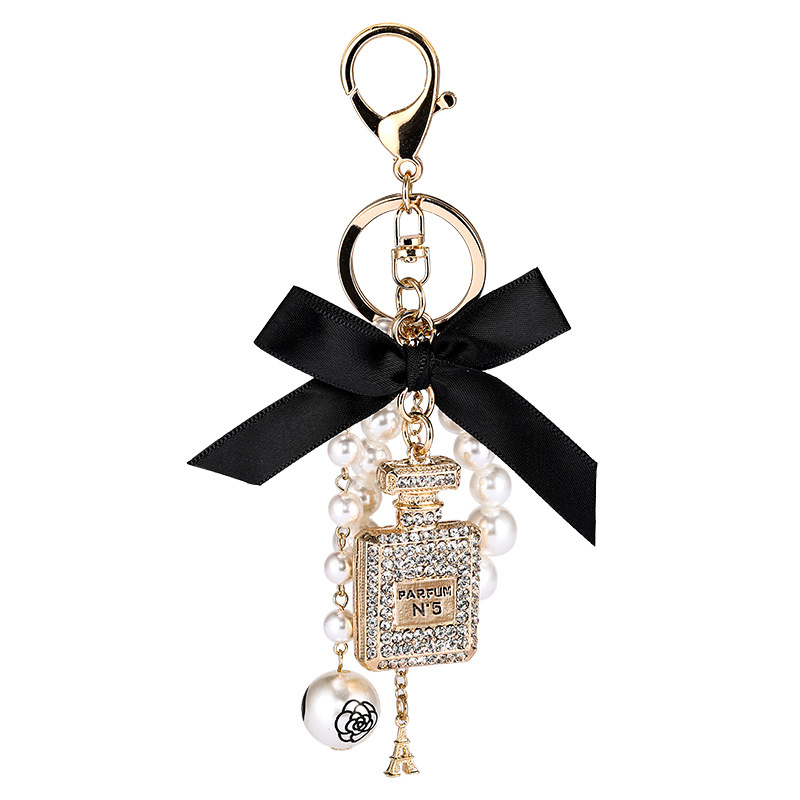 Korean-Style Designer Keychain Creative Handmade Diamond-Inlaid Perfume Bottle Alloy Key Ring with Bow & Pearl Bag Charm