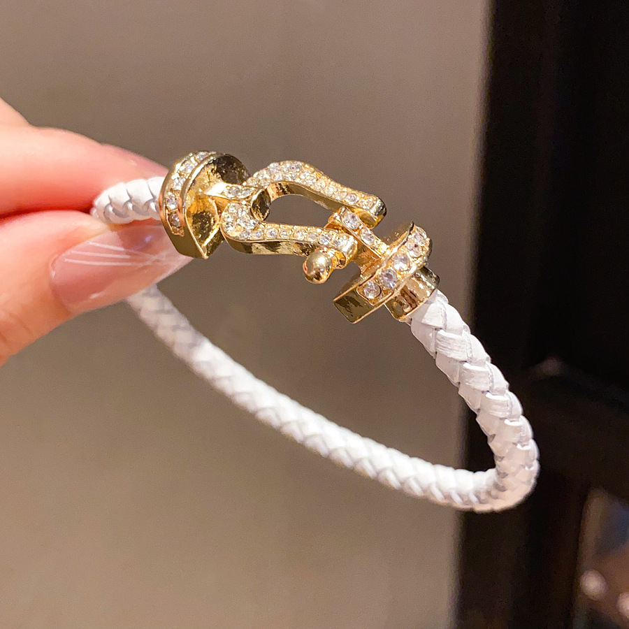 Gold Toned Red Braided Leather Bracelet With Rhinestone Embellished Clasp Detail Delicate Daily Elegant Jewelry Gift For Her High Quality Stylish Acce