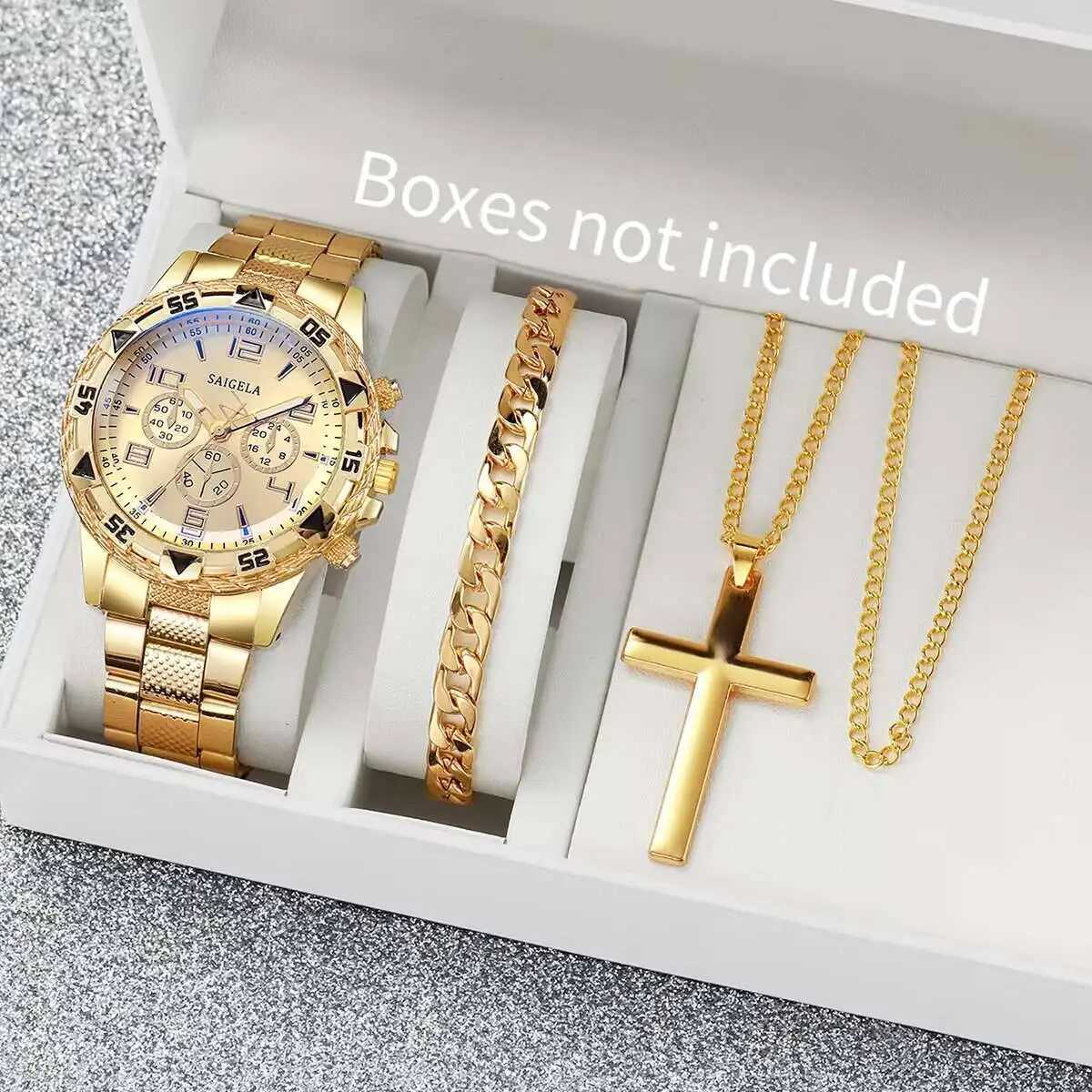 3PCS/Set Fashion Mens Quartz Watch Luxury Large Dial Men Business Watches Necklace Bracelet Set Reloj HombreWithout BoxW251104
