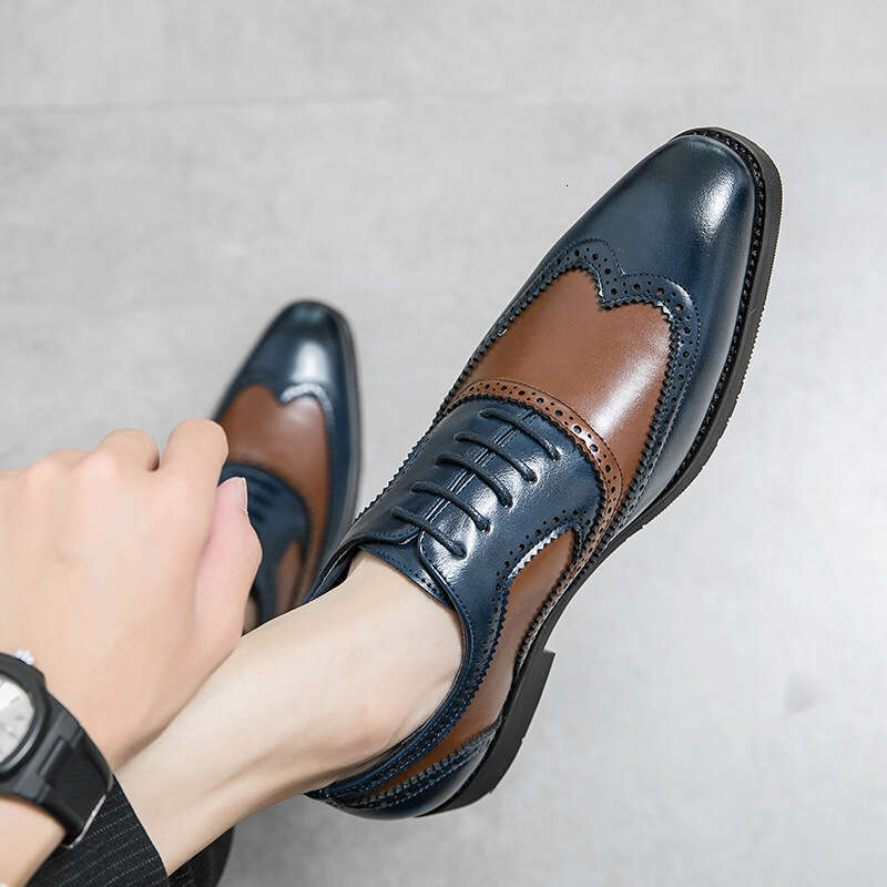 Spring New Fashionable Outdoor Trendy Large Size 48 Color Block Carving Pointed Leather Shoes