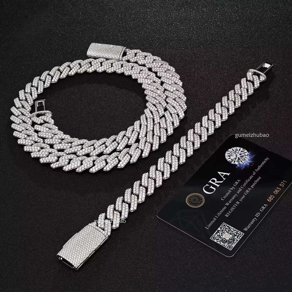 Iced Out Hip Hop 14mm Wide 2 Rows Vvs Mossanite Sterg Sier Cuban k Chain