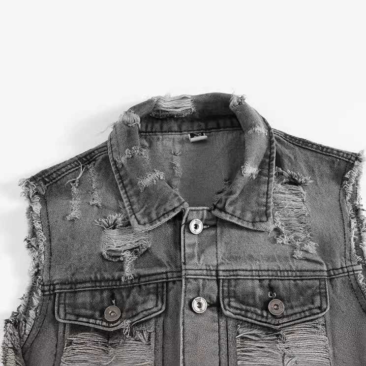 Vests Men Denim Jacket Hole Turn Down Collar Sleeveless Coats Casual Regular Splice Pocket Button Single Breasted Coat Jackets X250403
