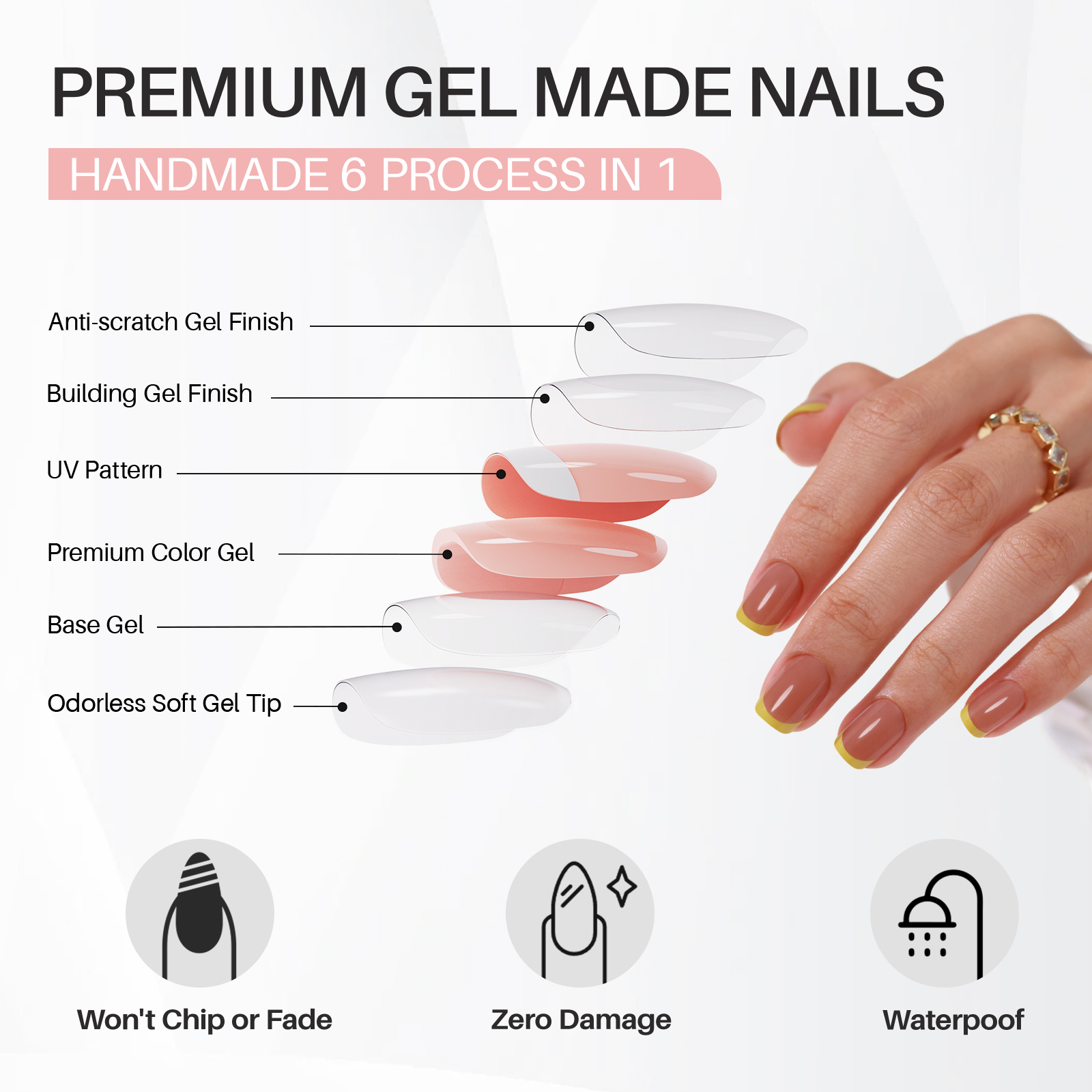 French Gel Pressed Nails Kit: Womens Daily Wear Coffe Yellow Squares Variety Pack Includes 16 Different Sizing Options