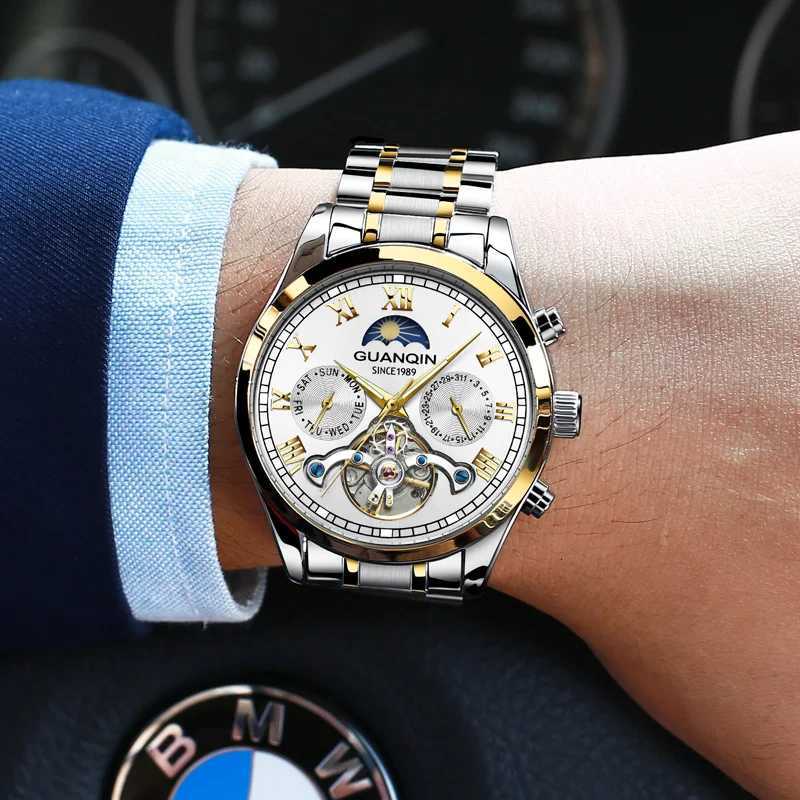 GUANQIN Mens Watches Luxury Automatic Mechanical Watch Tourbillon Luminous Mineral 30M Waterproof Business Leisure WristwatchW251104