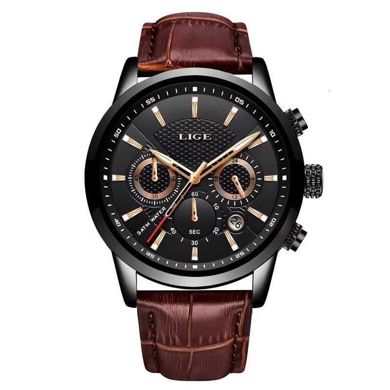 LIGE Mens Watches Luxury Waterproof Military Sport Man Watch Chronograph Genuine Leather Men Quartz Wristwatch Relogio MasculinoW251104