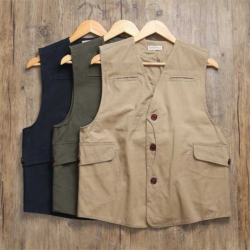 Sw191021 Men Cargo Canvas Waistcoat Cotton Pocket Khaki Vintage Hunting Outdoor Camping Simple Fashion Sport Solid Color Vest X250403