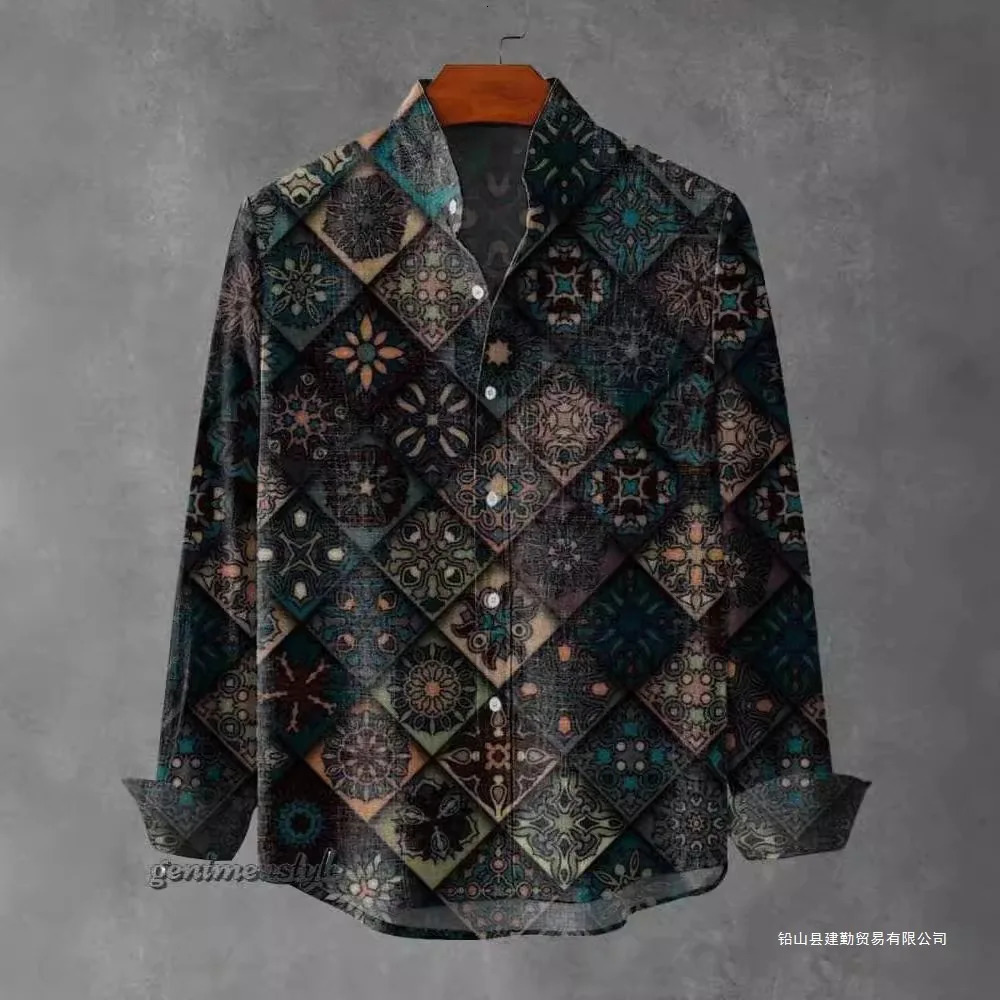 2025 SpringSummer Mens Fashion Stand Collar Linen Long Sleeve Elegant Fragmented Pattern Printed Top 250403