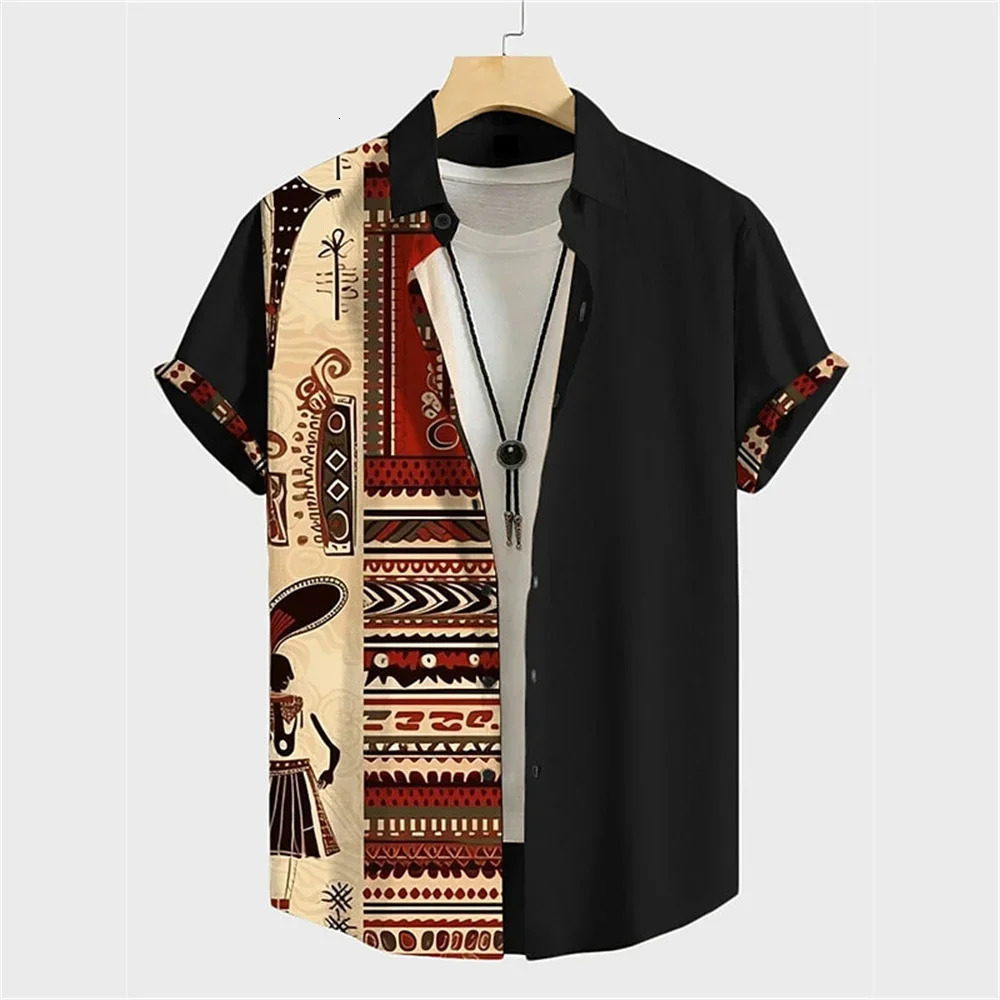 Autumn ethnic style graphic 3D printing holiday button mens clothing shirt casual short sleeved retro top 250403e
