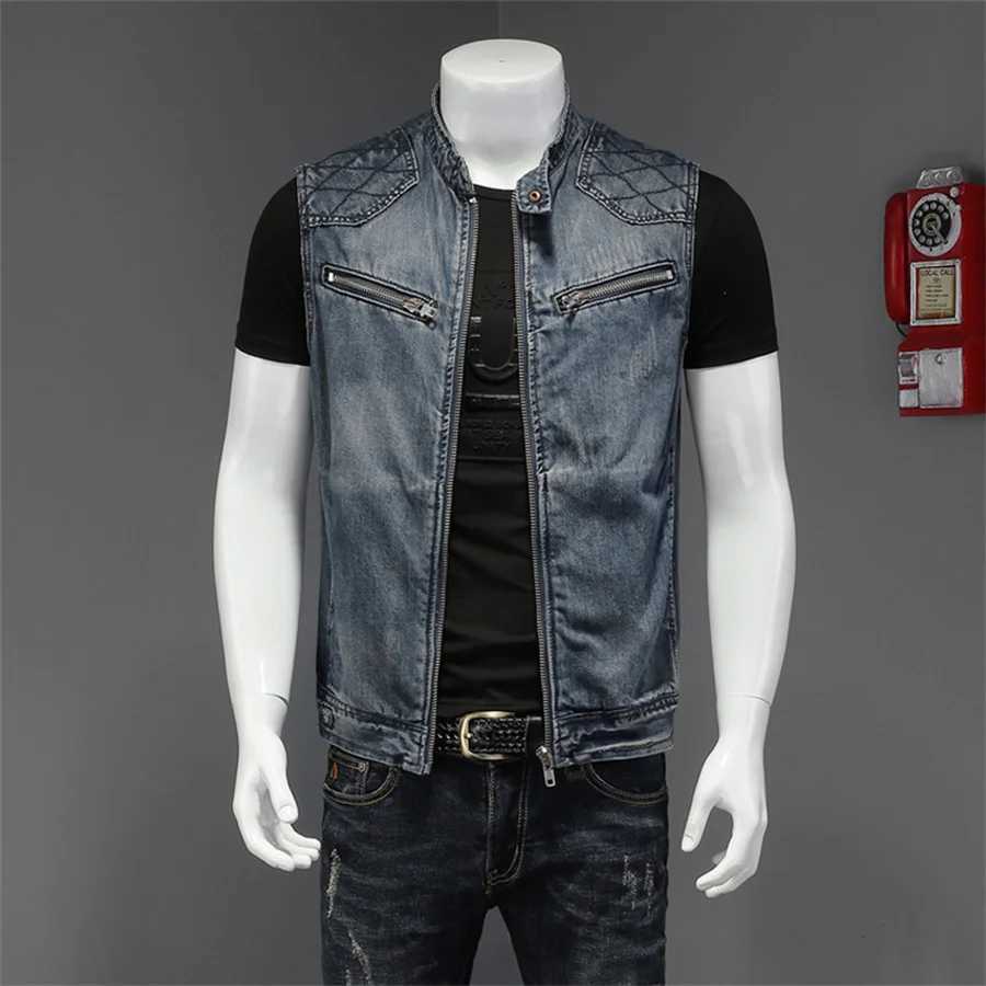 Punk Style Mens Denim Vest Sleeveless Jeans Jacket Men Ripped Slim Fit Waistcoat Stand Collar Cowboy Tops Hip Hop Streetwear X250403