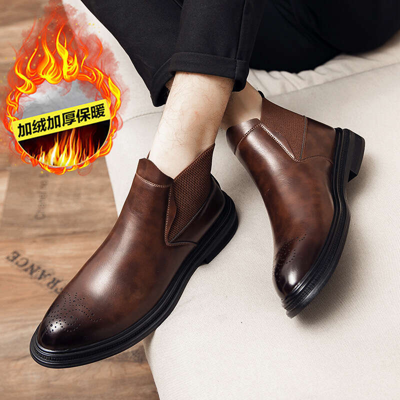 Large size cotton Block carved 2023 winter new British high top workwear leather shoes for men