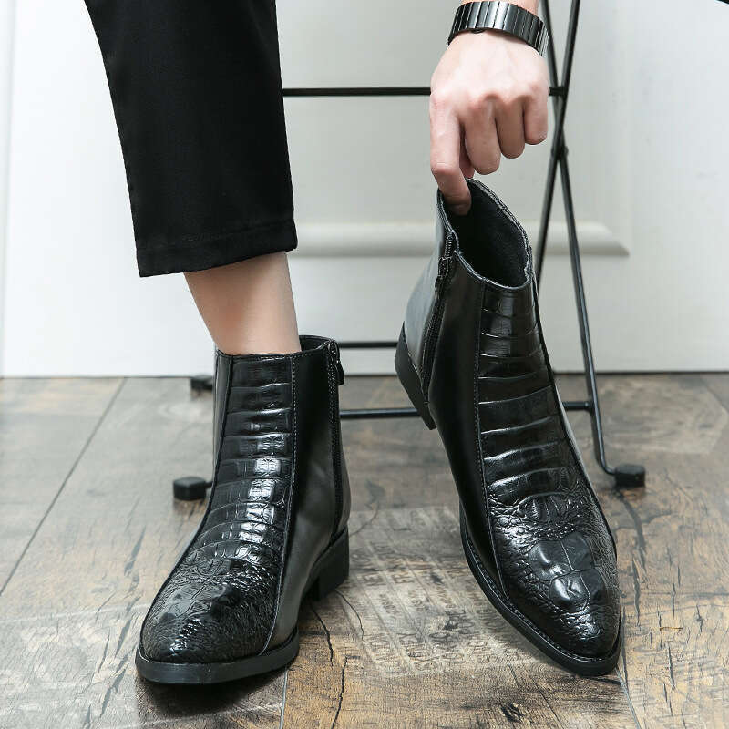 Large size shoes for men, Martin short with zipper covers, leg shoes, men's high top crocodile patterned leather boots