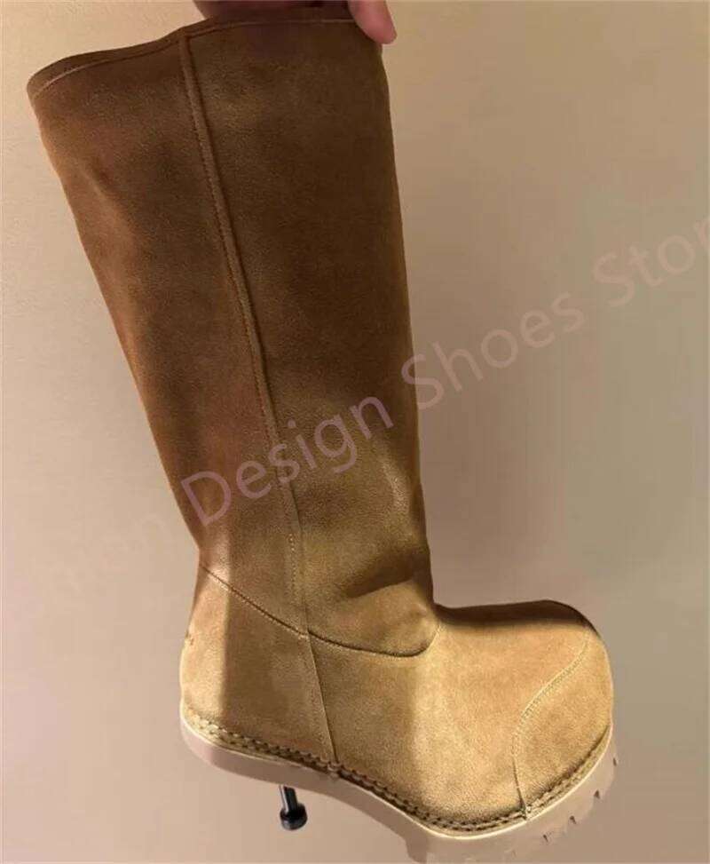 Long Plush Warm Winter Fur For Women Or Men Metal Thin Heels Knee High Height Increasing Shoes Woman Snow Boots 42 43