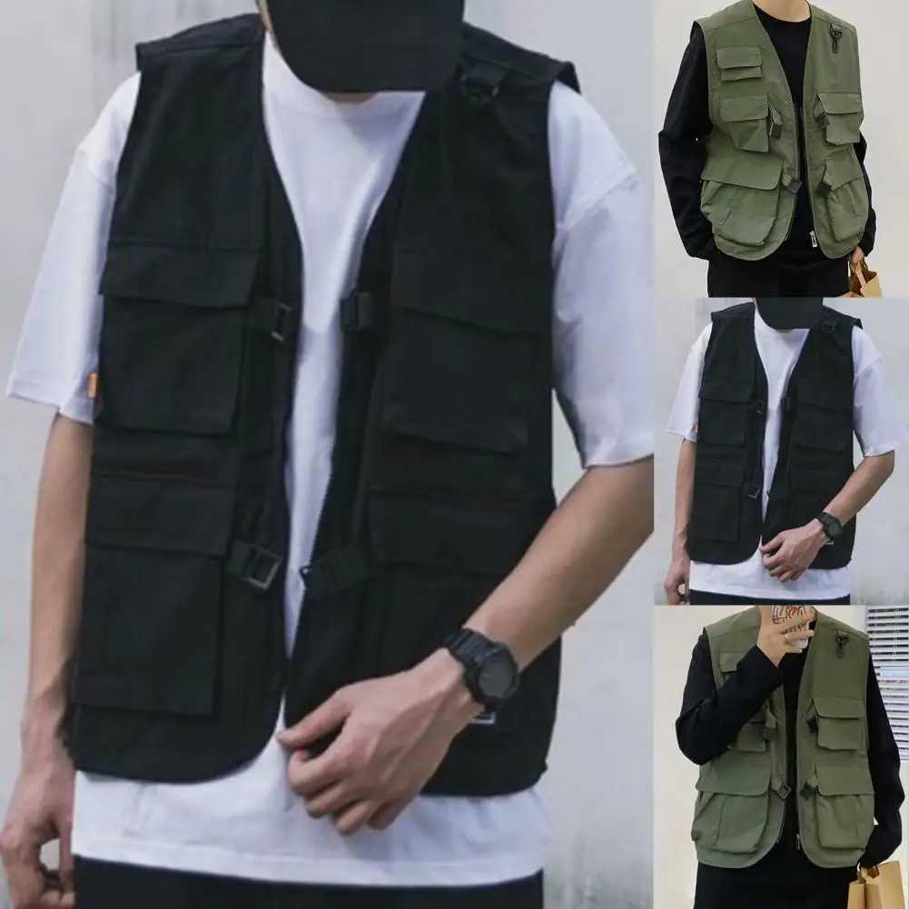 Trendy Summer Thin Hip Hop Cargo Vest Solid Color Vest Coat Sleeveless Thin Outdoor Cargo Waistcoat for Fishing X250403