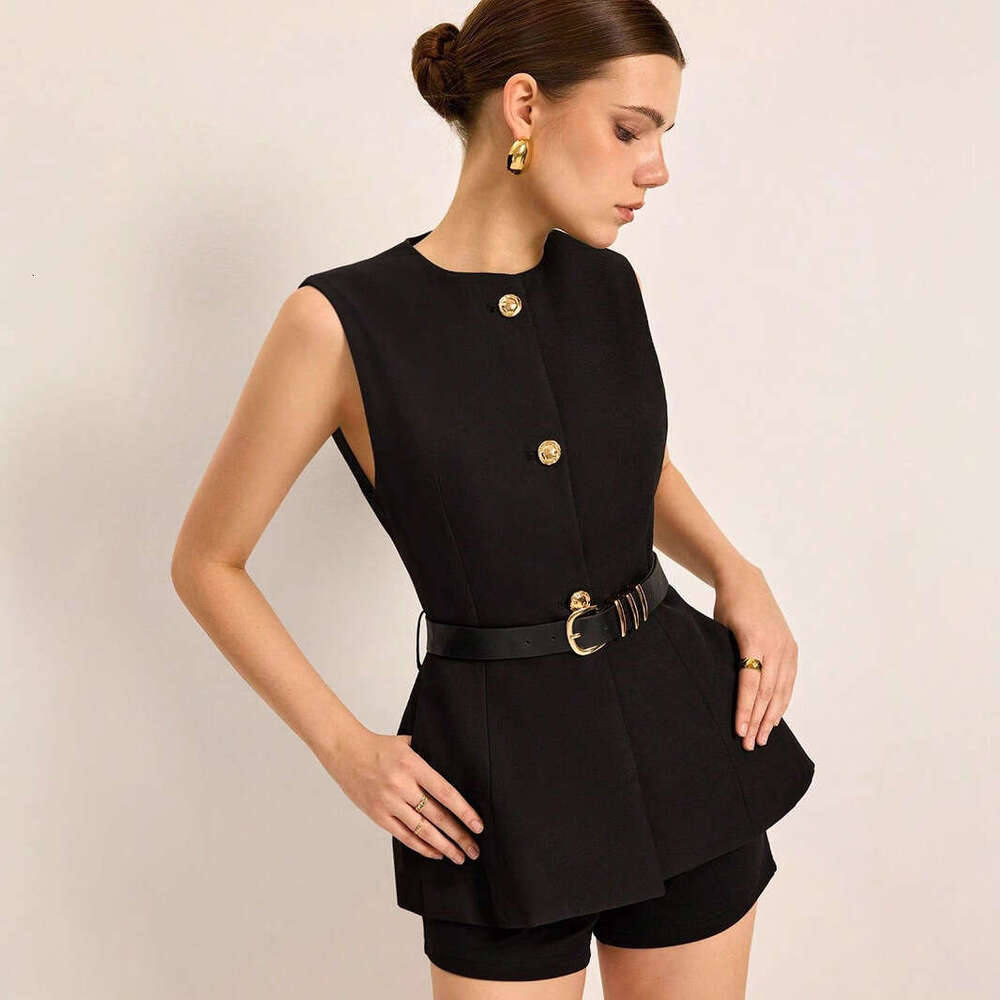 Cross-Border SHEIN Spring New Fashion European And American Style Round Neck Sleeveless Belted Vest Women's Top 1657 f9b1 a655