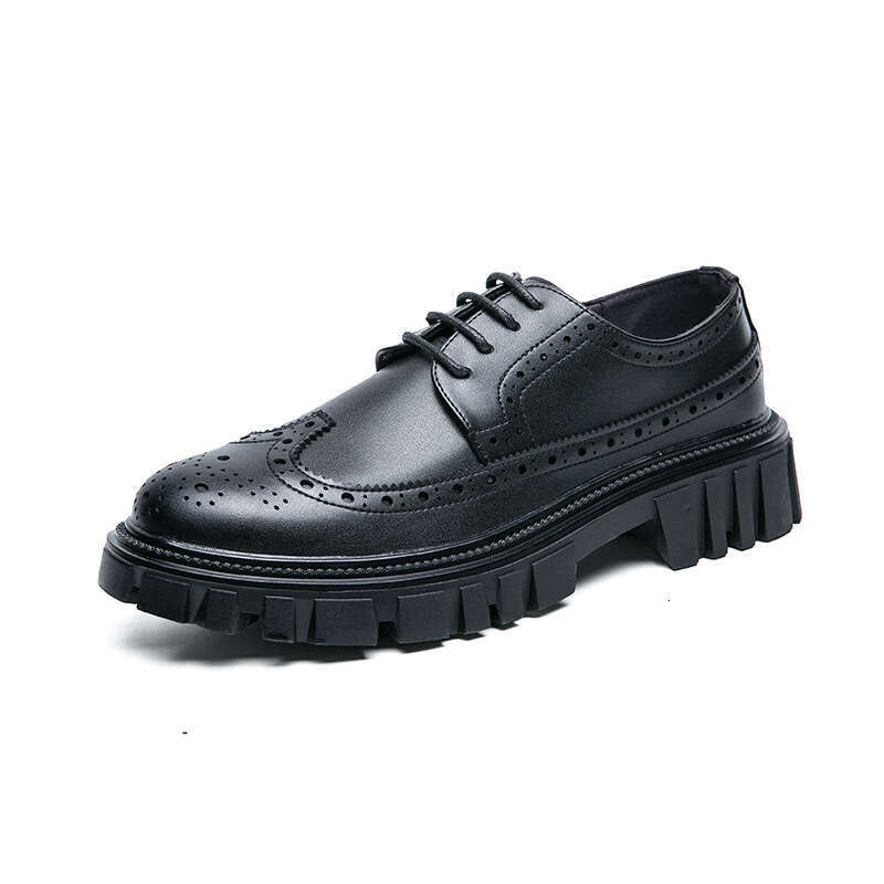 Large size fashionable high rise thick soled British style solid color low top casual leather shoes, youth outdoor small black shoes