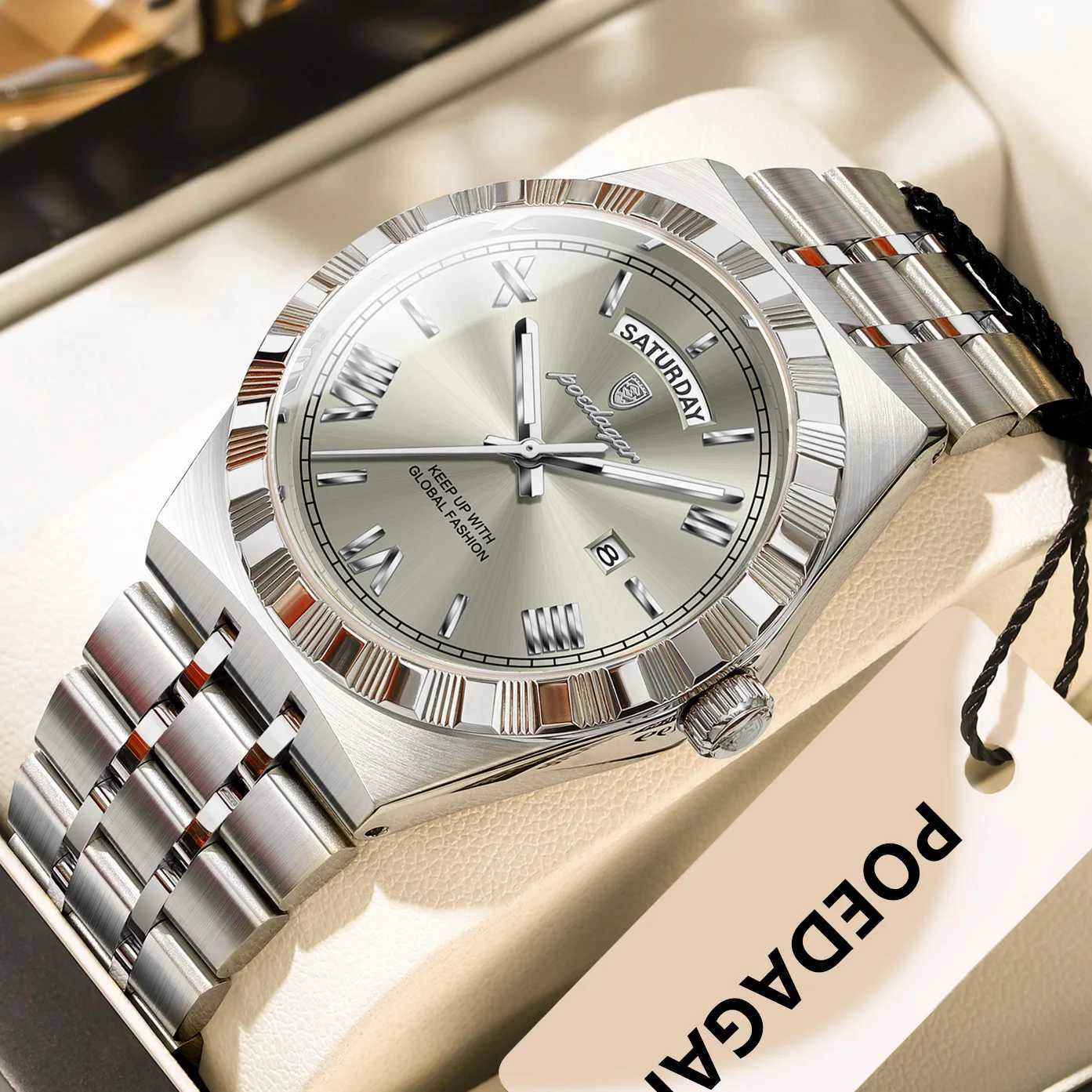 POEDAGAR Luxury Fashion Man Wristwatch Week Date Waterproof Luminous Mens Clock Stainless Steel Quartz Business Watches For MenW251104