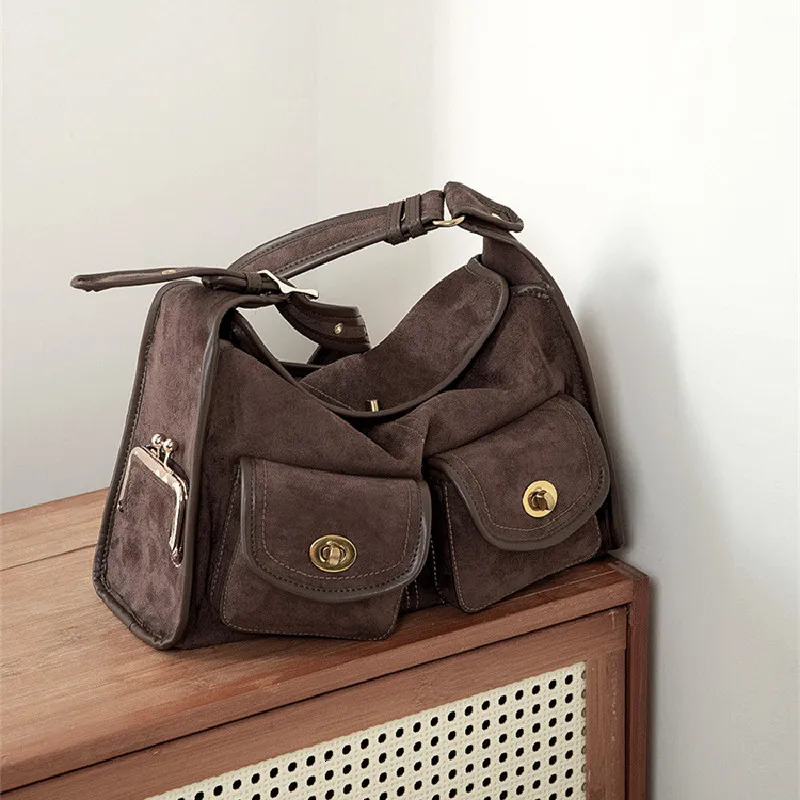 Casual Large Capacity Suede Pillow Bag Single Shoulder Crossbody Vintage Style Polyester Lining Zipper Clre 251103