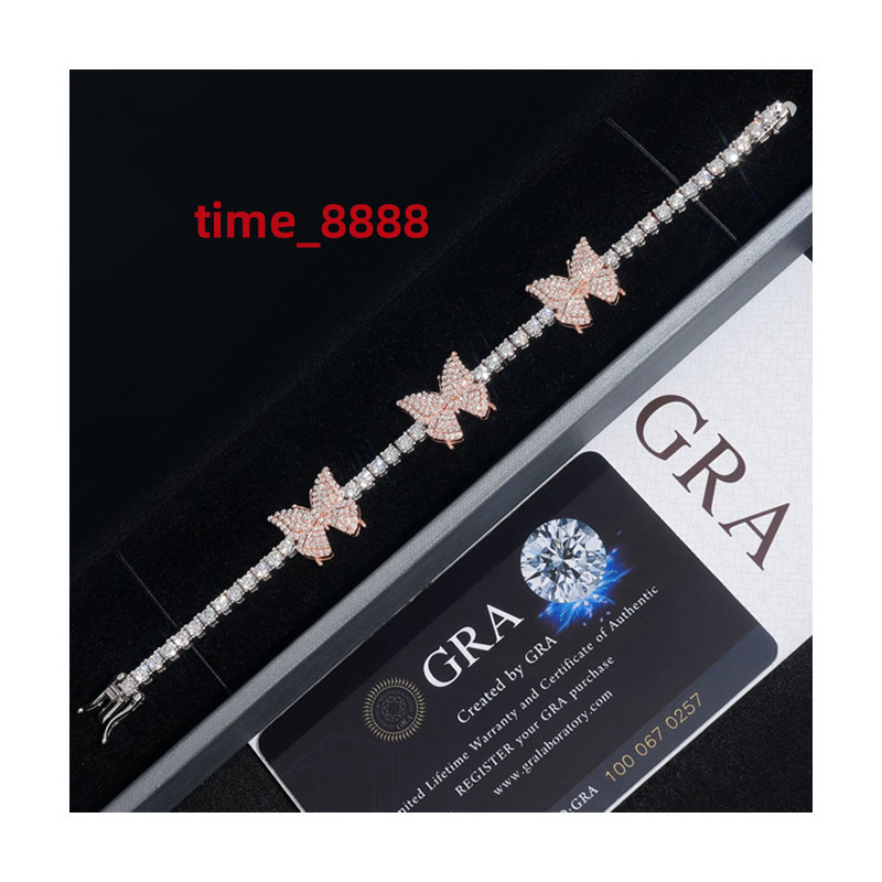 Trendy 925 Sterling Silver Iced VVS 3mm Moissanite Diamond Tennis Chain Bracelet Rose Gold Butterfly Design Fine Jewelry