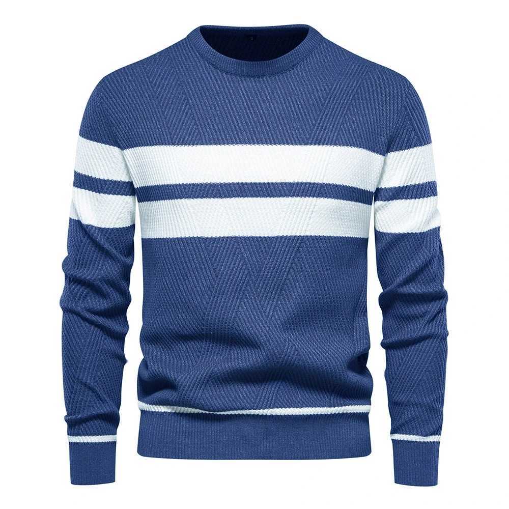 Mens Casual Autumn Winter Sweater Striped Color Block Crew Neck Long Sleeve Warm Slim Fit Fashion Knitted PulloverT251103