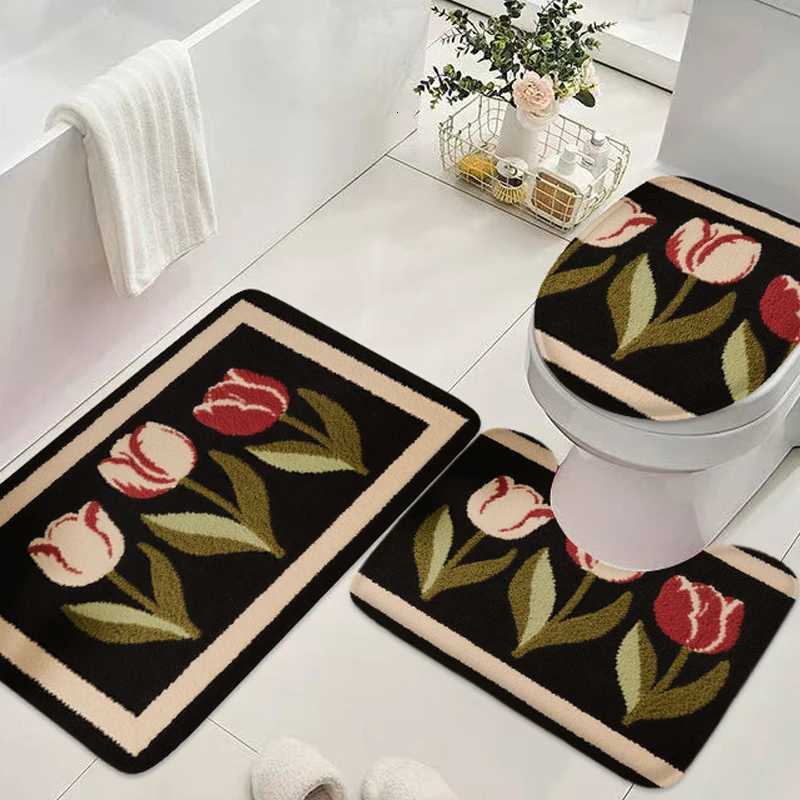 3pcs plant flower home door mat U-shaped toilet floor mat shower room carpet toilet anti slip pad absorbent pad flannel carpet C251103