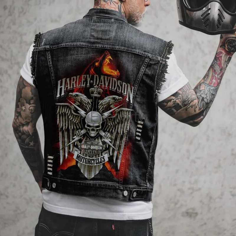 New Mens Fashion Motorcycle Vest Spring Autumn Skull Printed Distressed Hole Sleevless Punk Denim Vest Jackets Black Streetwear X250403