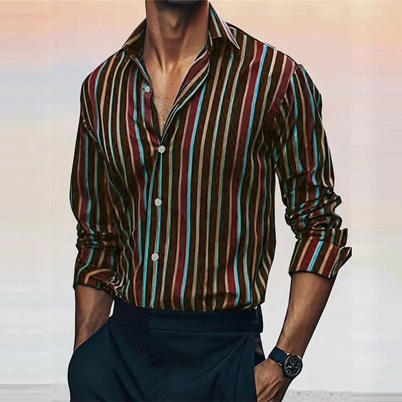 Mens striped shirt fashionable casual outdoor long sleeved lapel button soft and comfortable material type 250403e