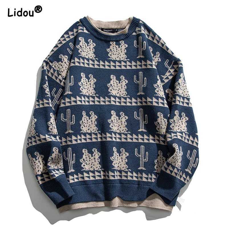 2023 New Autumn and Winter Retro Art Round Neck Printed Loose Leisure Fashion Versatile Thick Warm Knitted Pullover SweaterT251103