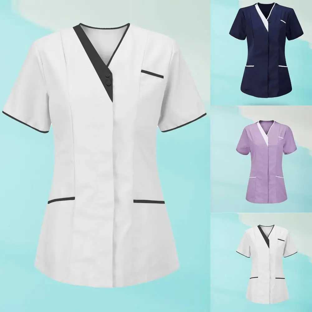 Blouse Casual V Neck Buttons Working Uniform Tshirt Clothes Tshirt Short Sleeve Pockets Working Uniform for Worker J251103