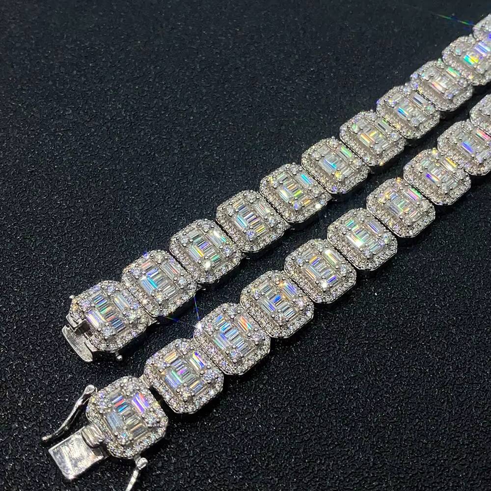 Tennis Chain Bracelet 13MM Cluster VVS Baguette Moissanite Design Hip Hop Tennis Chains Silver